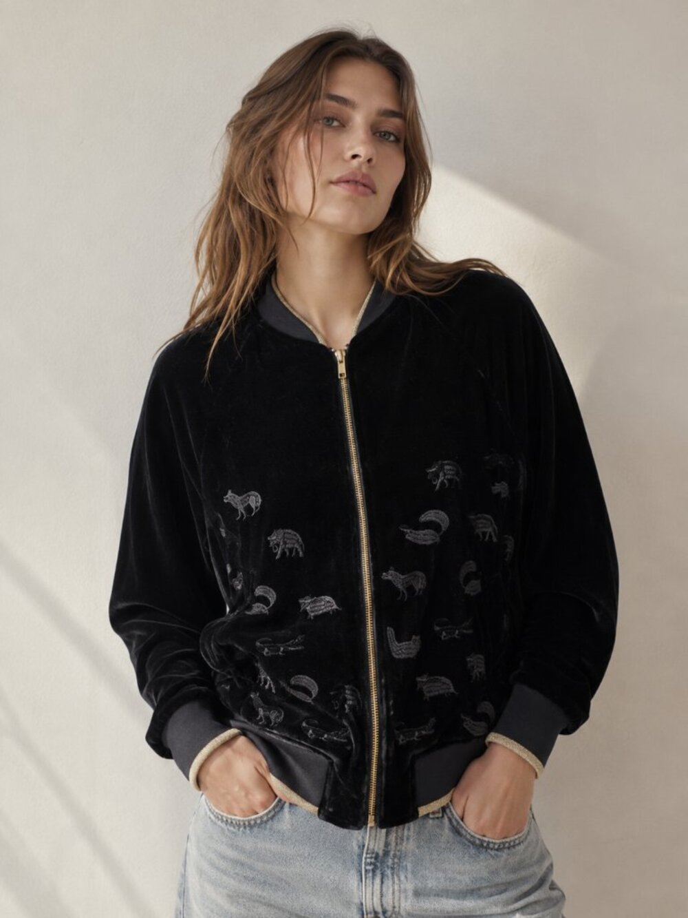 Desigual Black Velvet Embroidered Bomber Jacket